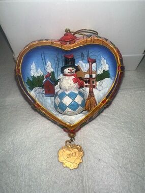 2011 Jim Shore Holly Jolly Snowman Heart-Shaped Blue Snowman Holiday Ornament